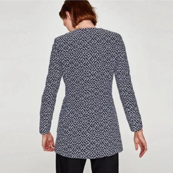 ✨Zara Classic Minimalist Tweed Blue White Zip Up Sz Medium Peacoat✨ - Picture 4 of 10